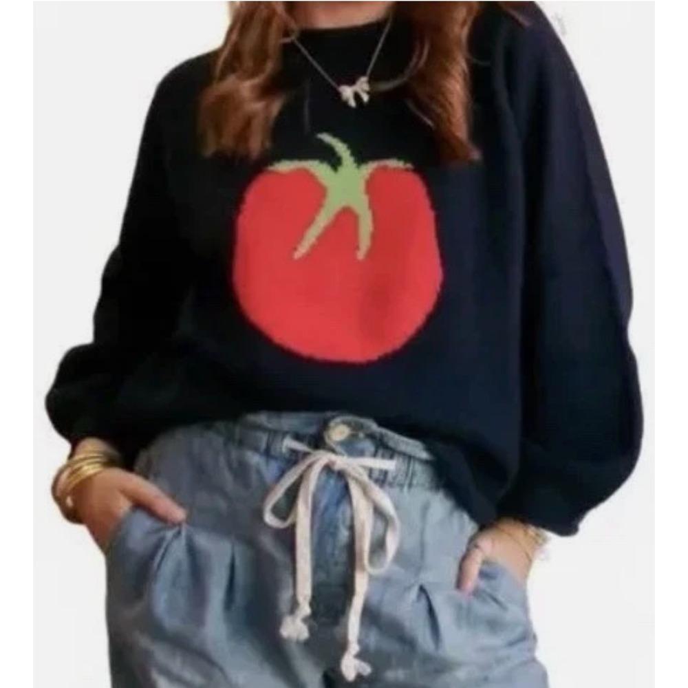 🍎Things Between Tomato Sweater SMALL Women Knit Jumper Pullover CrewNeck Navy